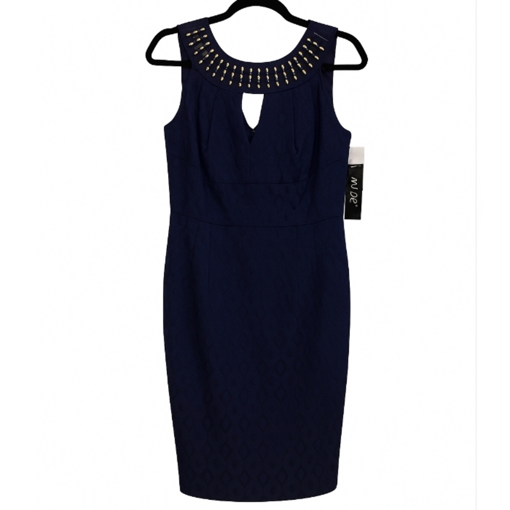 Muse Midnight Blue Beaded Neck Jacquard‎ Sheath Dress Size 2 NWT